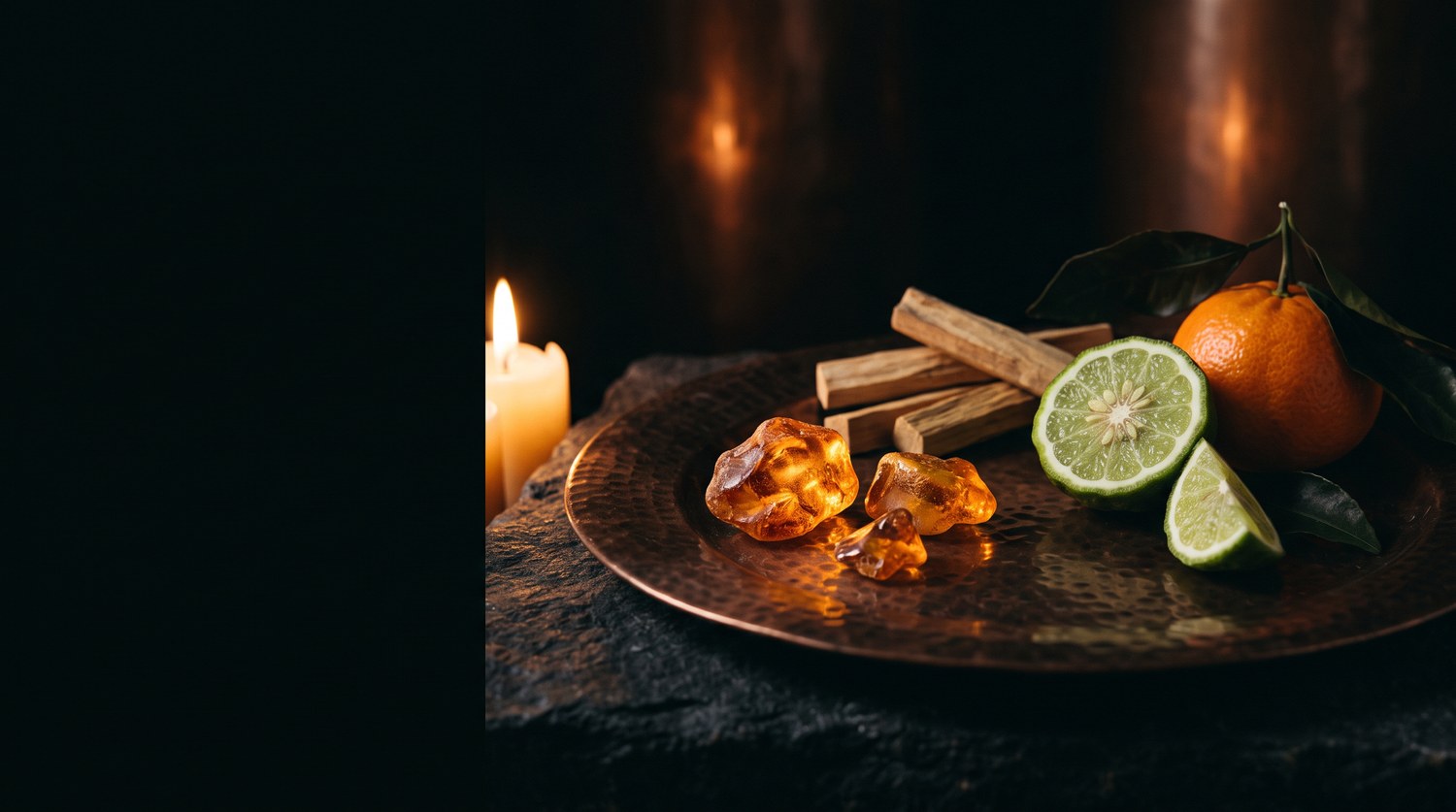 Sirovi jantar, sandalovo drvo, bergamot i mandarina pri svjetlu svijeće