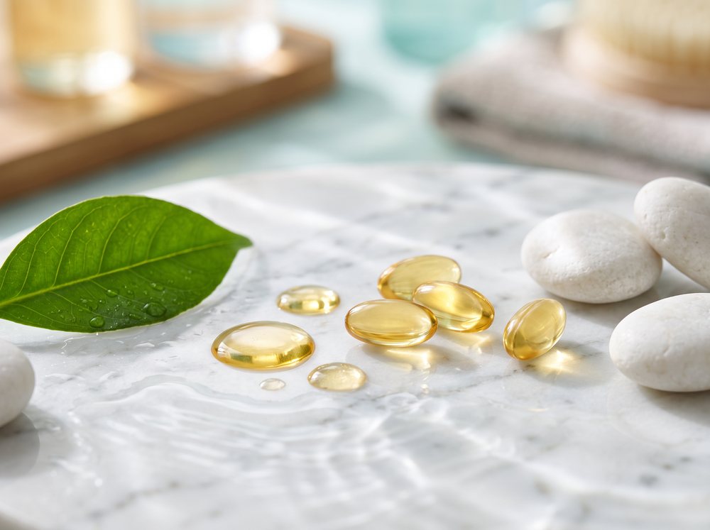 Zlatne kapi ulja s vitaminom E na bijelom mramoru