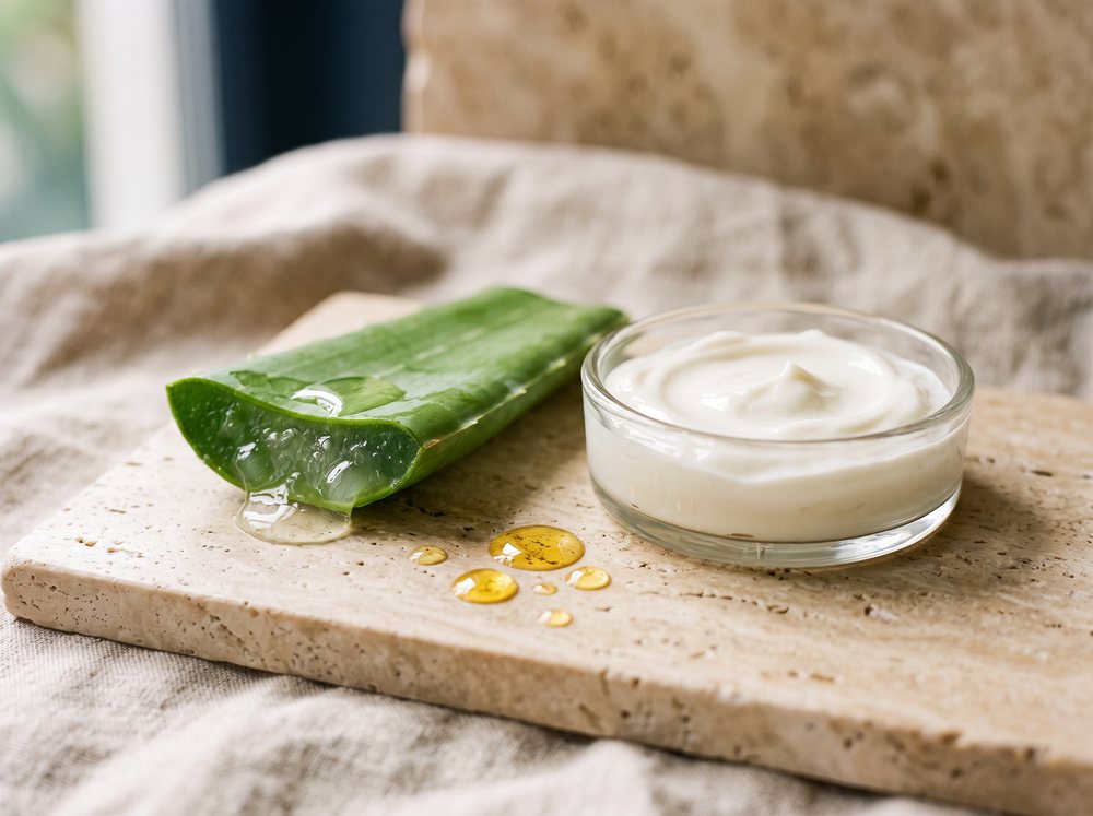 List aloe vere s gelom, kapi vitamina E i krem zdjela na travertinu